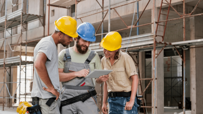 3 collega's in de bouw dat een plan checken